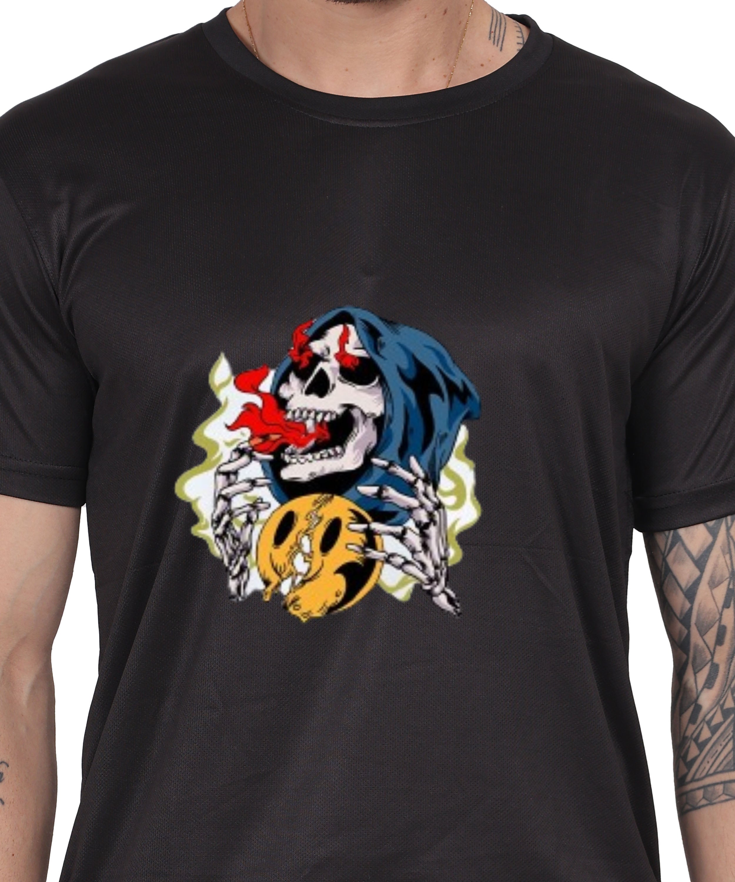 Skull Design Graphic T-Shirt, Black Cotton, Round Neck, Short Sleeve, Casual Wear