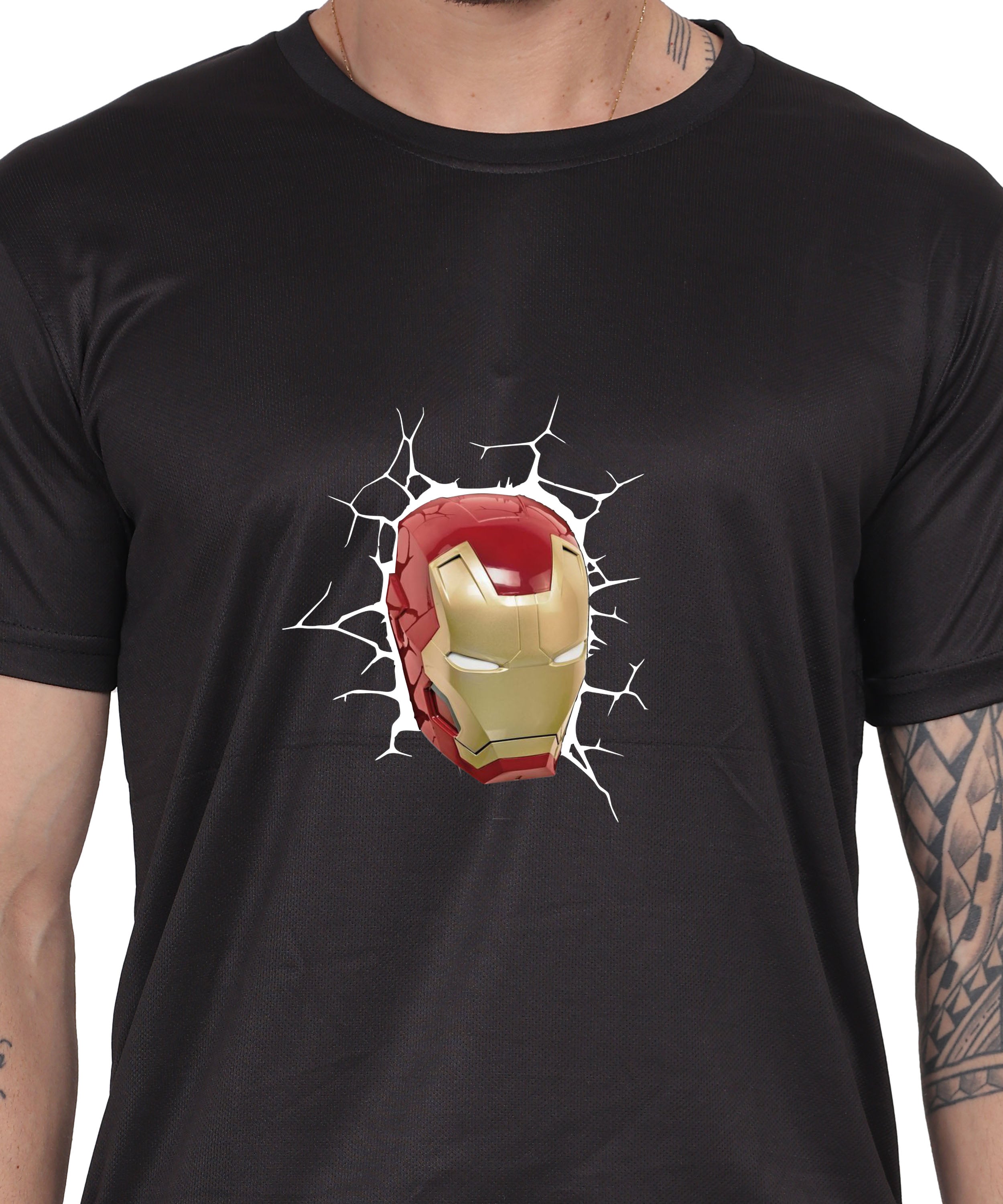 Iron Man Graphic Print Cotton T-Shirt, Black, Round Neck, Short Sleeve, Casual Wear
