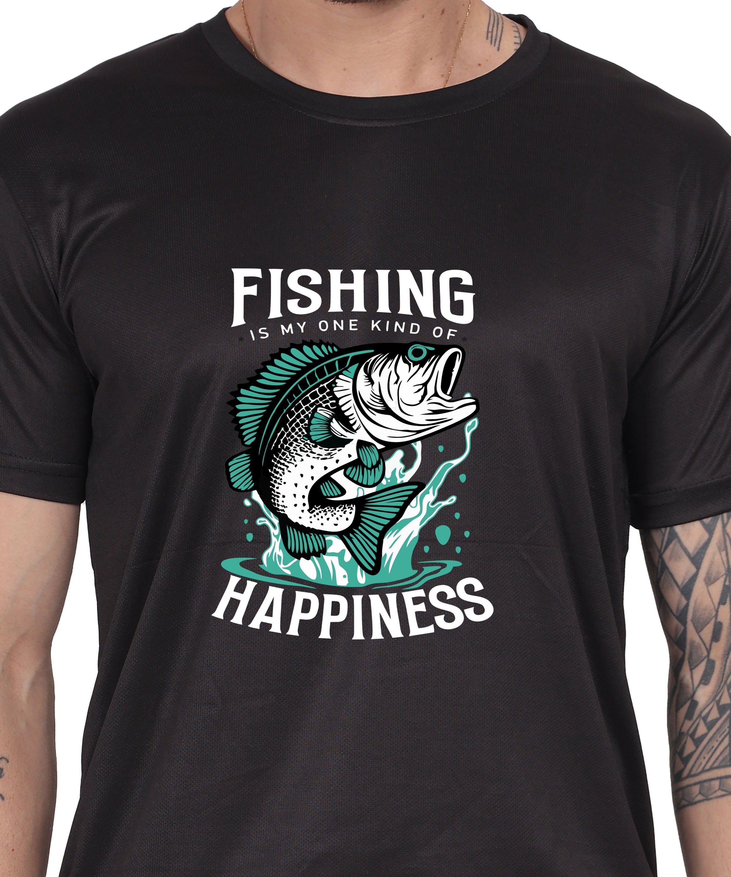 Generic Fishing Happiness Graphic T-Shirt, Black Cotton, Short Sleeve, Regular Fit, Crew Neck