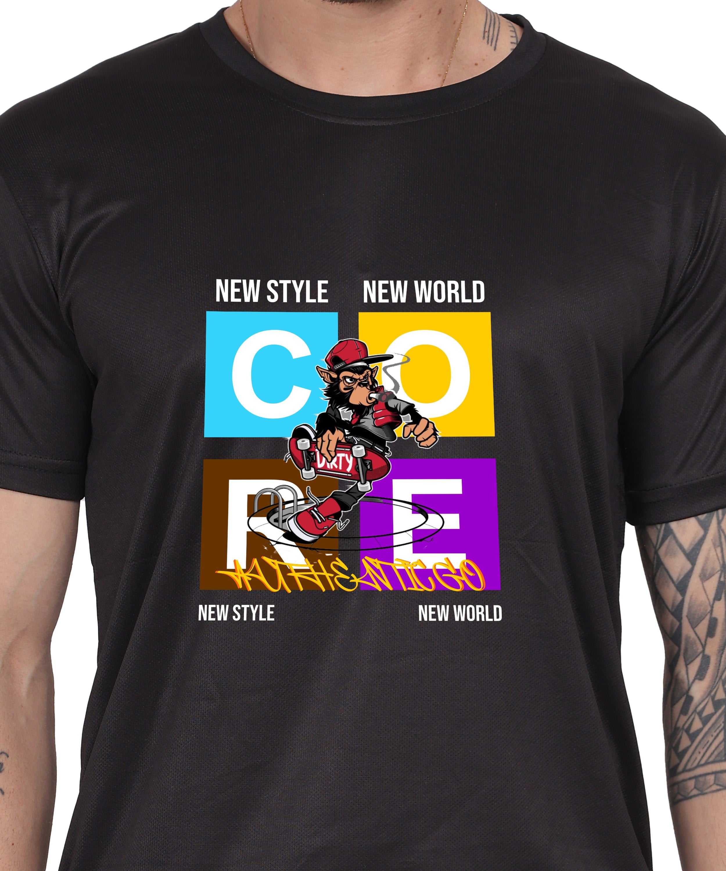 Generic New Style New World Monkey Graphic Cotton T-Shirt, Black, Regular Fit, Short Sleeve, Crew Neck