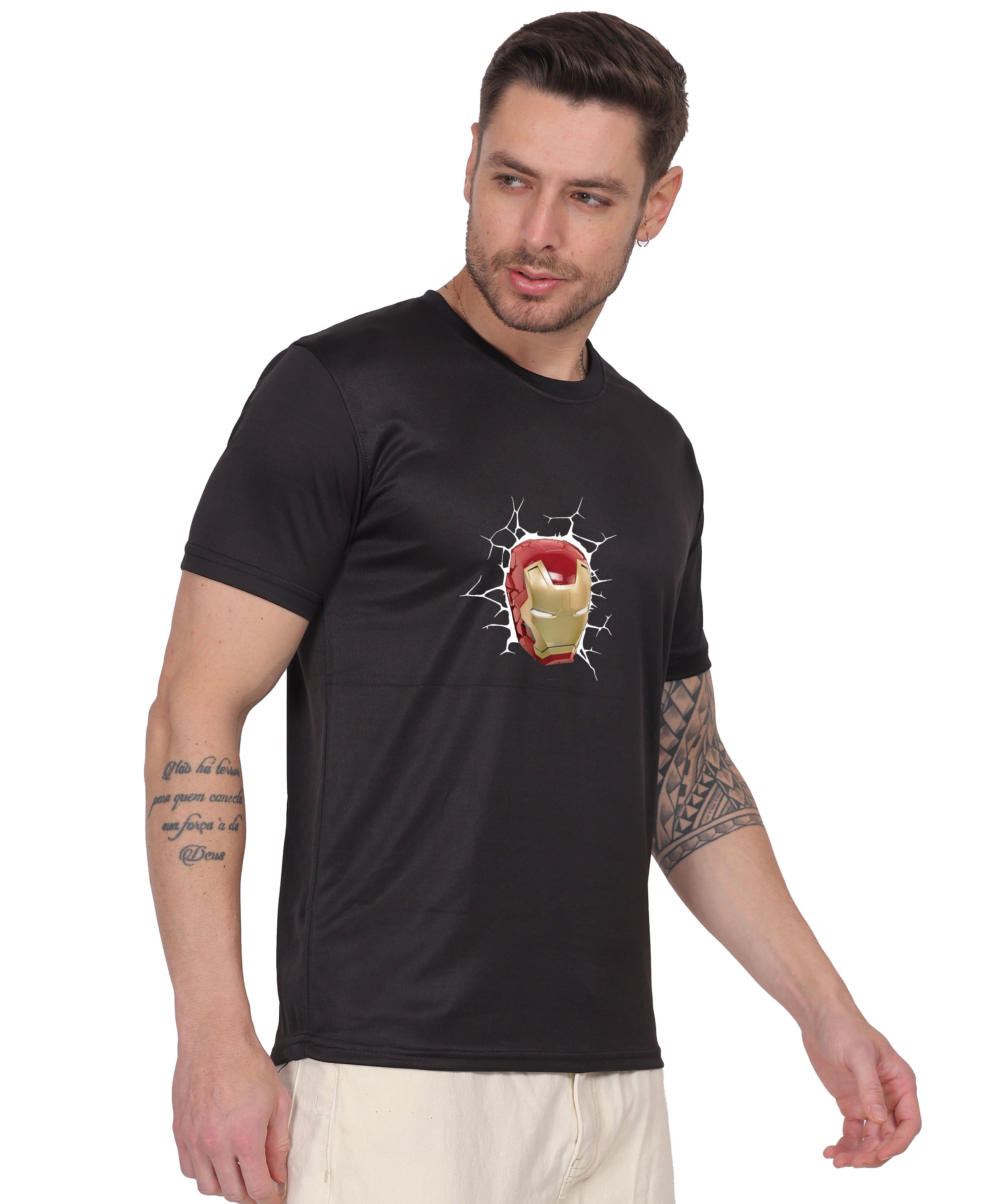 Iron Man Graphic Print Cotton T-Shirt, Black, Round Neck, Short Sleeve, Casual Wear