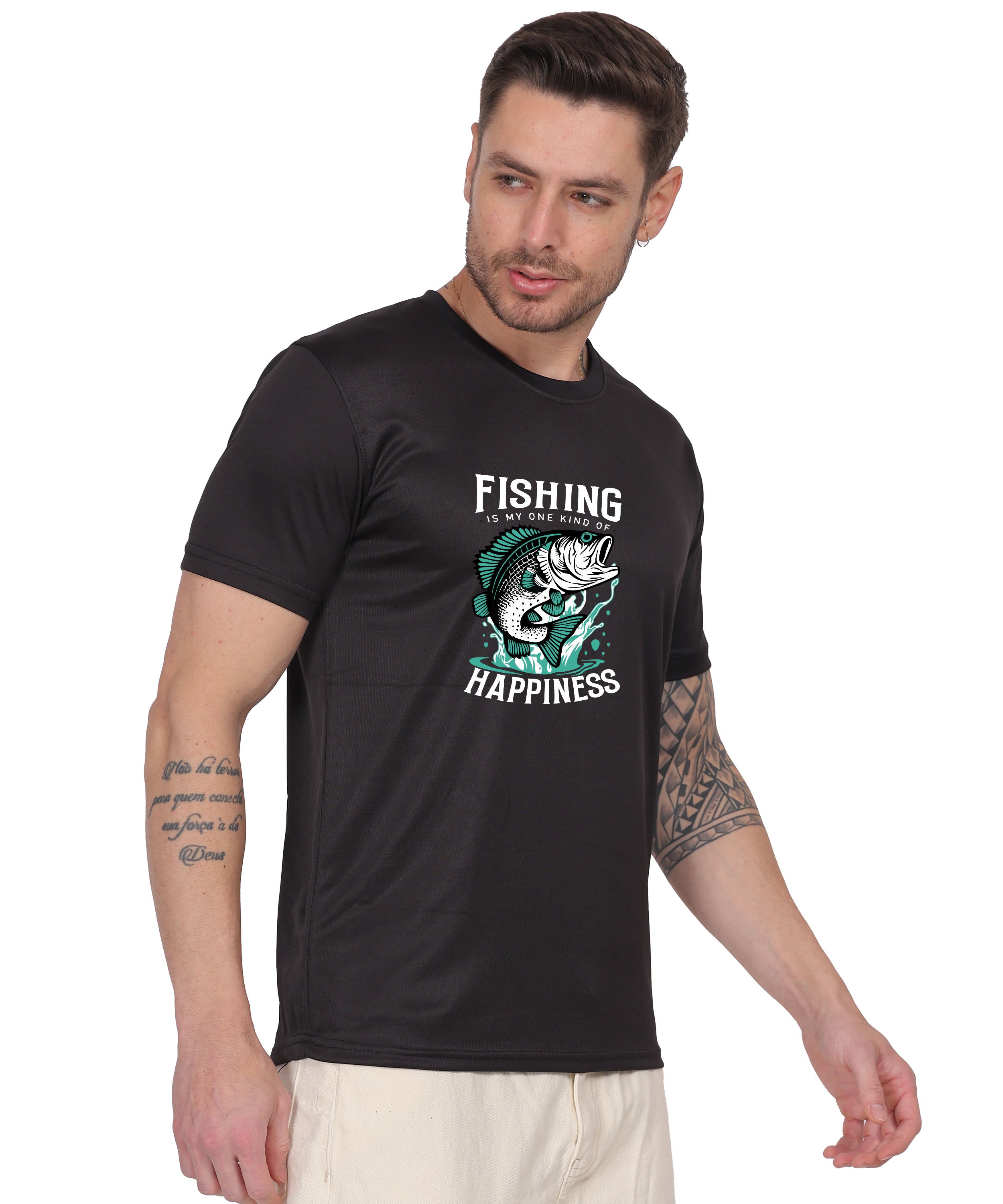 Generic Fishing Happiness Graphic T-Shirt, Black Cotton, Short Sleeve, Regular Fit, Crew Neck