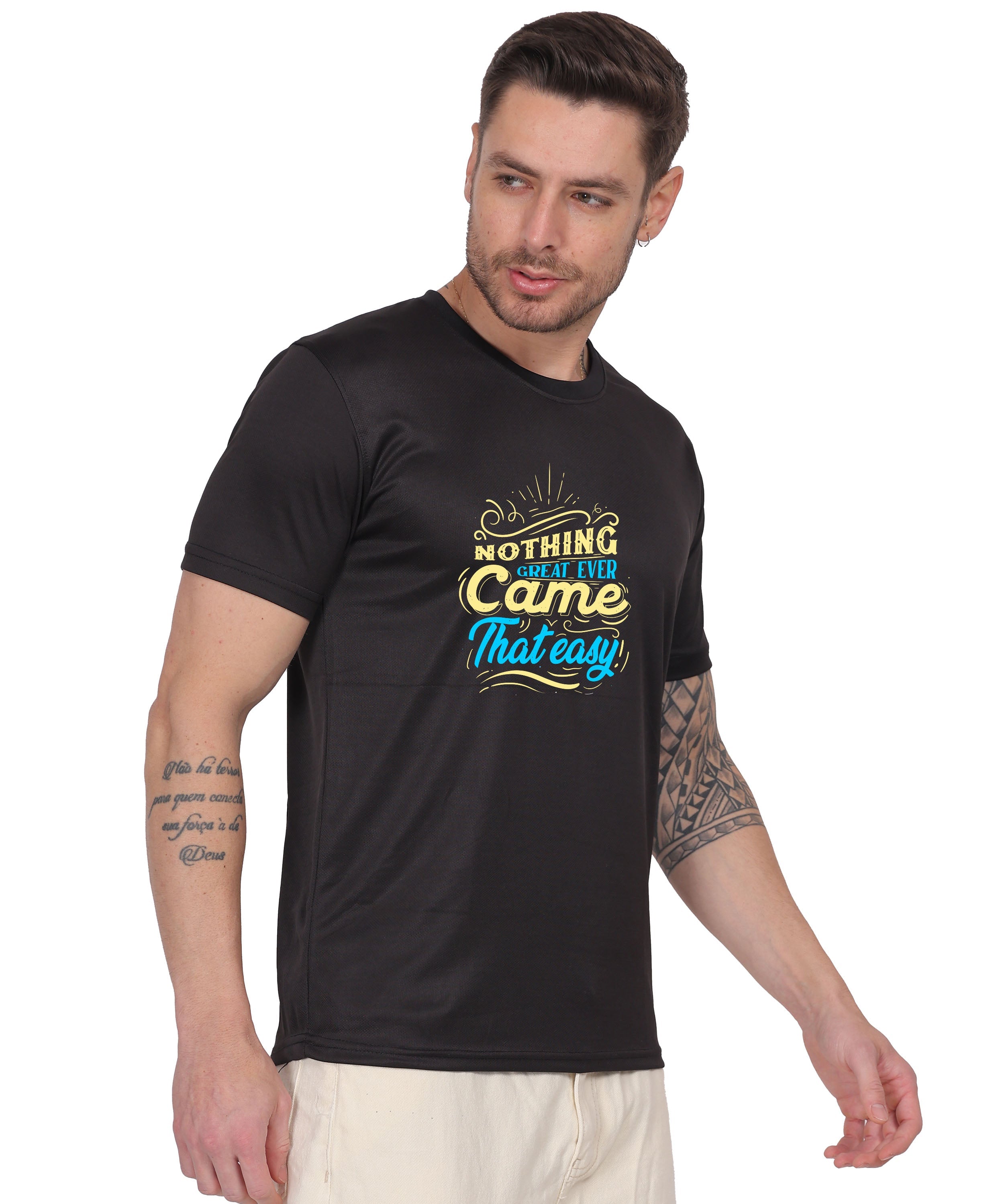 Generic Cotton Graphic T-Shirt, Black, Regular Fit, Short Sleeve, Crew Neck, 'Nothing Great Ever Came That Easy' Print