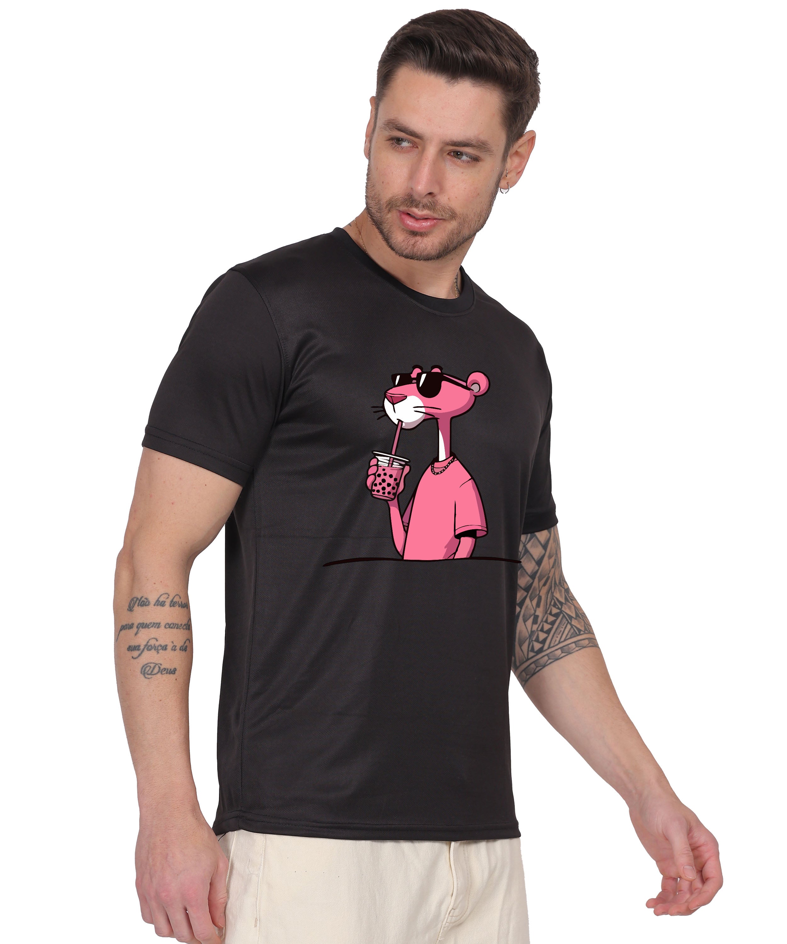 Cool Pink Panther Graphic T-Shirt, Black Cotton, Casual Round Neck