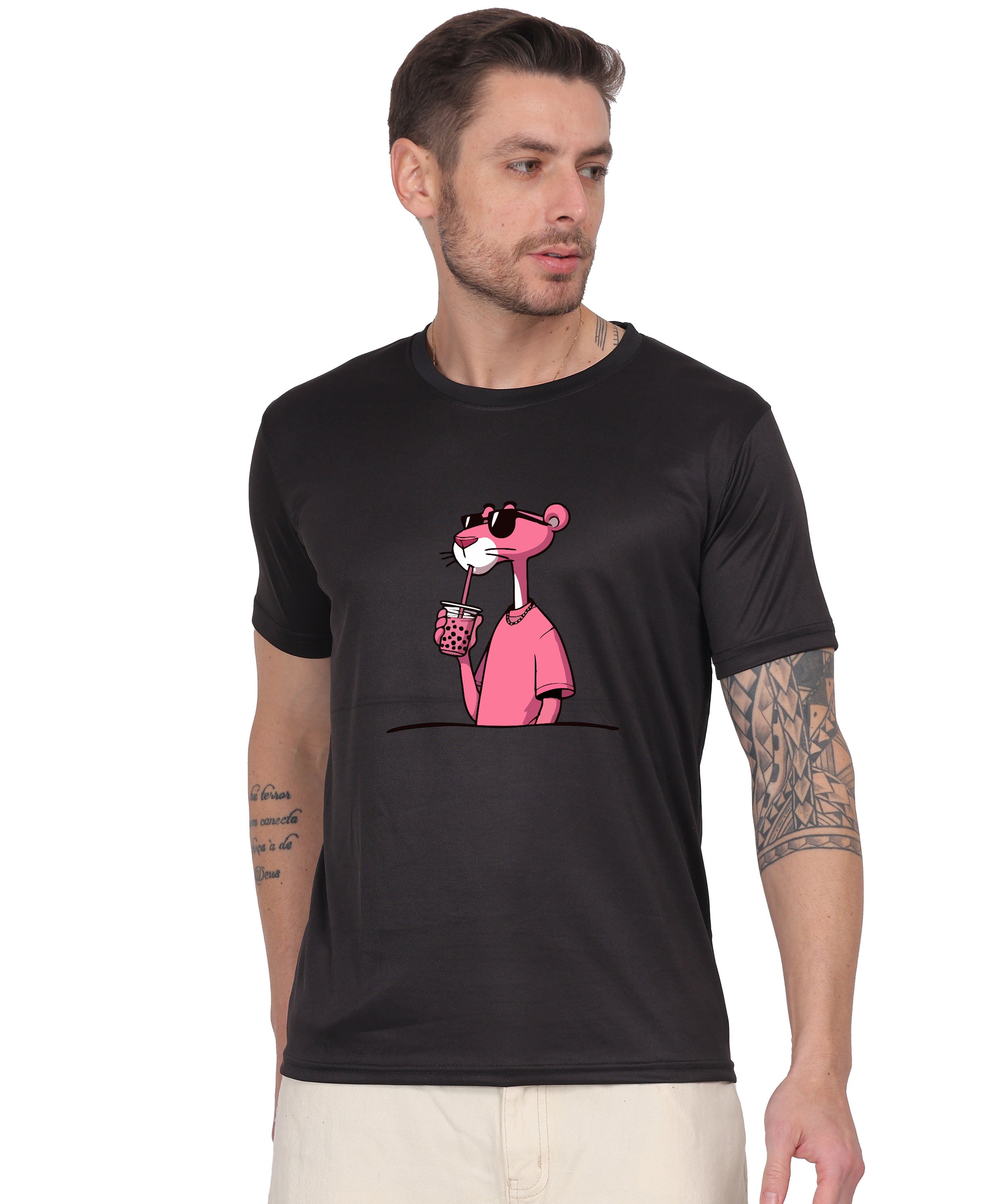 Cool Pink Panther Graphic T-Shirt, Black Cotton, Casual Round Neck