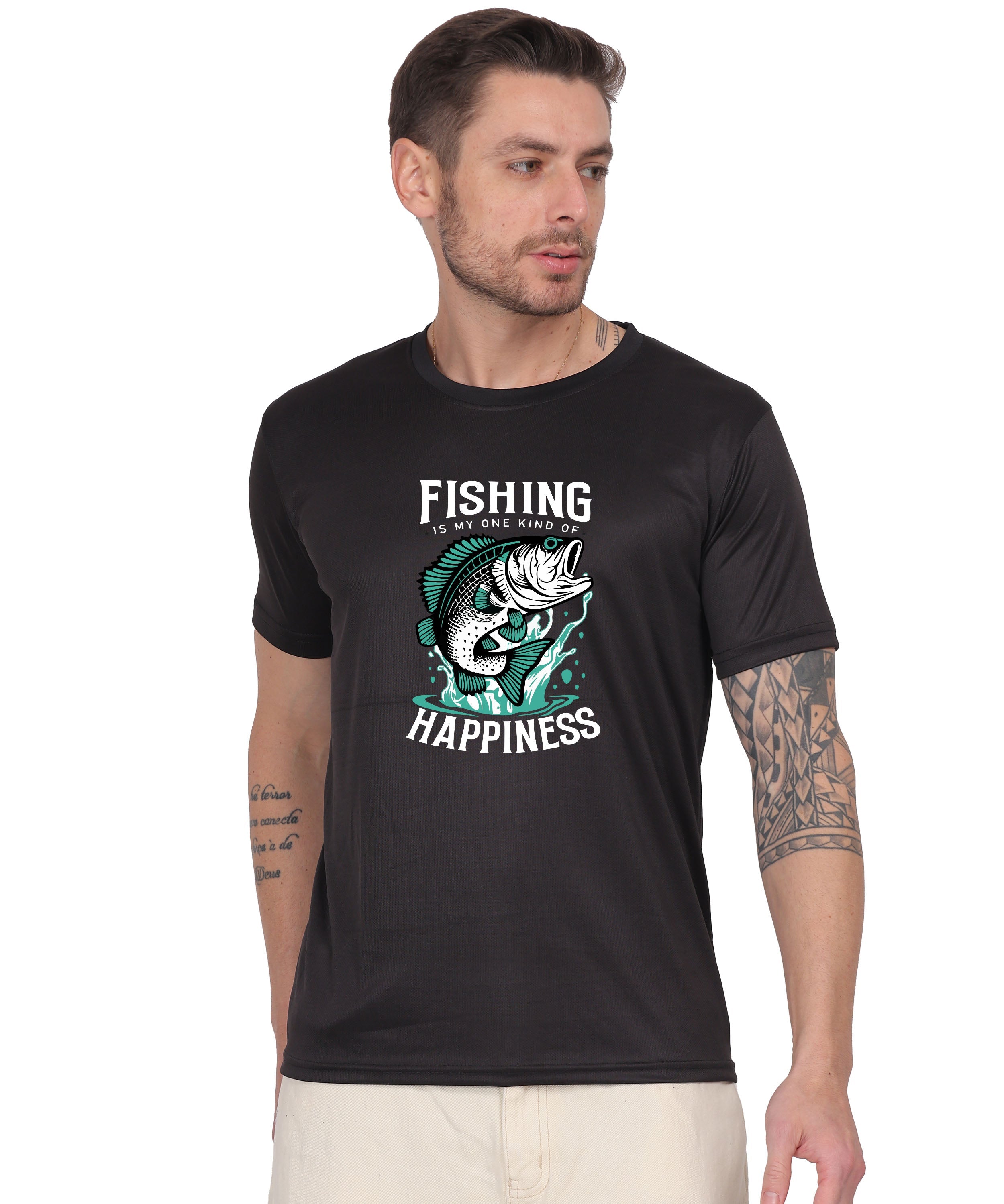 Generic Fishing Happiness Graphic T-Shirt, Black Cotton, Short Sleeve, Regular Fit, Crew Neck