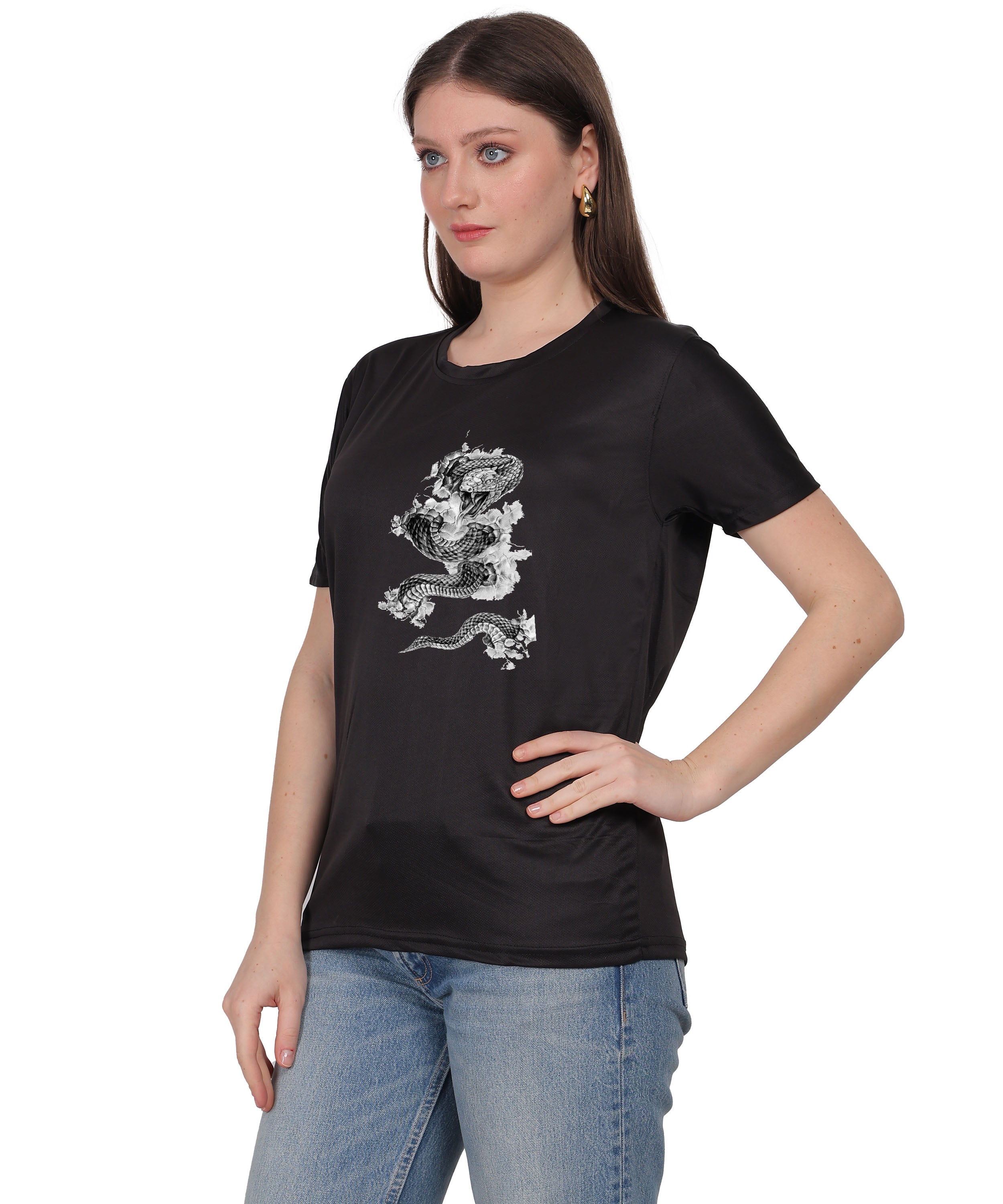 Cotton T-Shirt with Snake Design Graphic Print, Round Neck, Short Sleeve, Casual Wear
