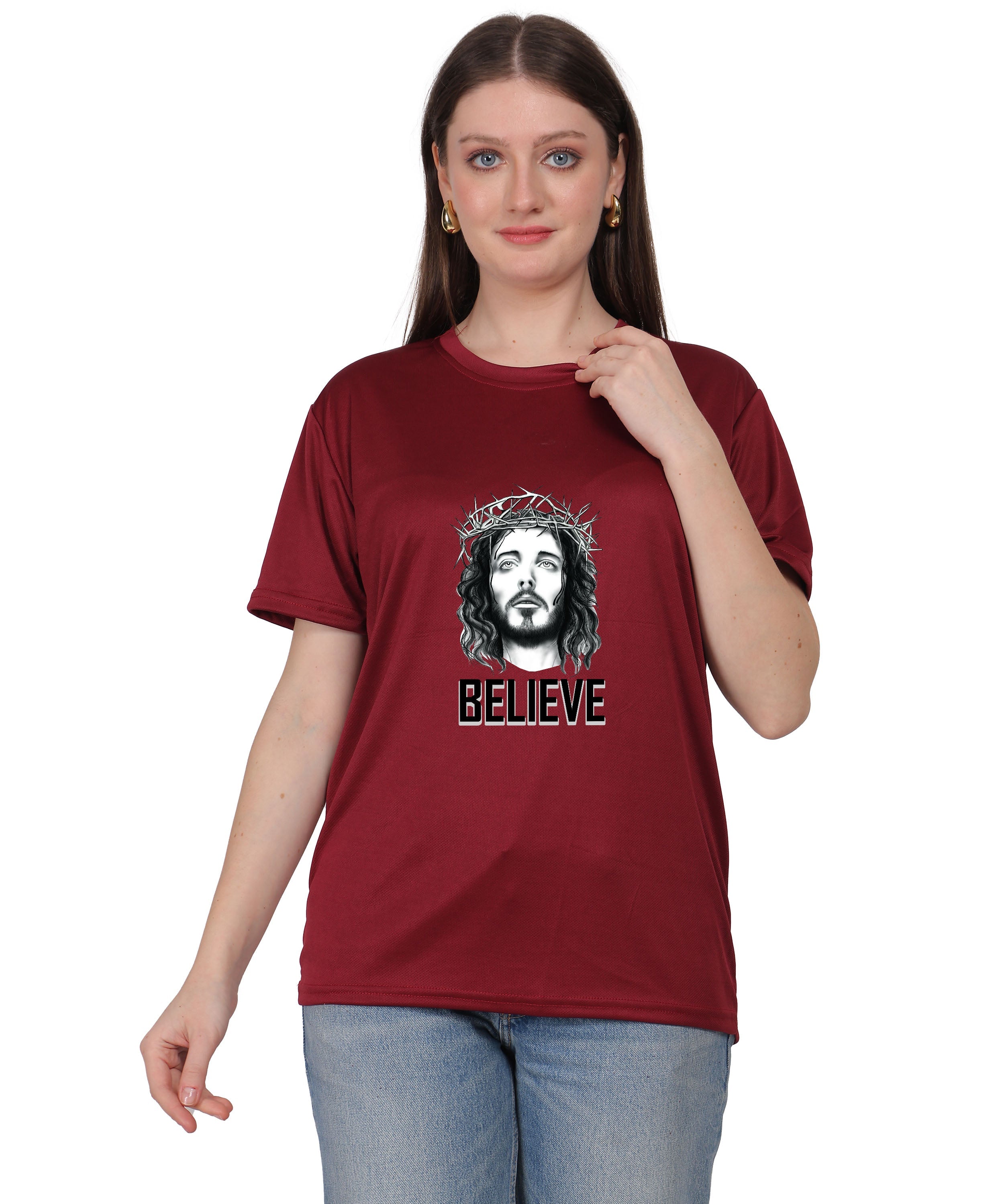 Religious Graphic T-Shirt, Red Cotton Blend, Short Sleeve, Believe Design