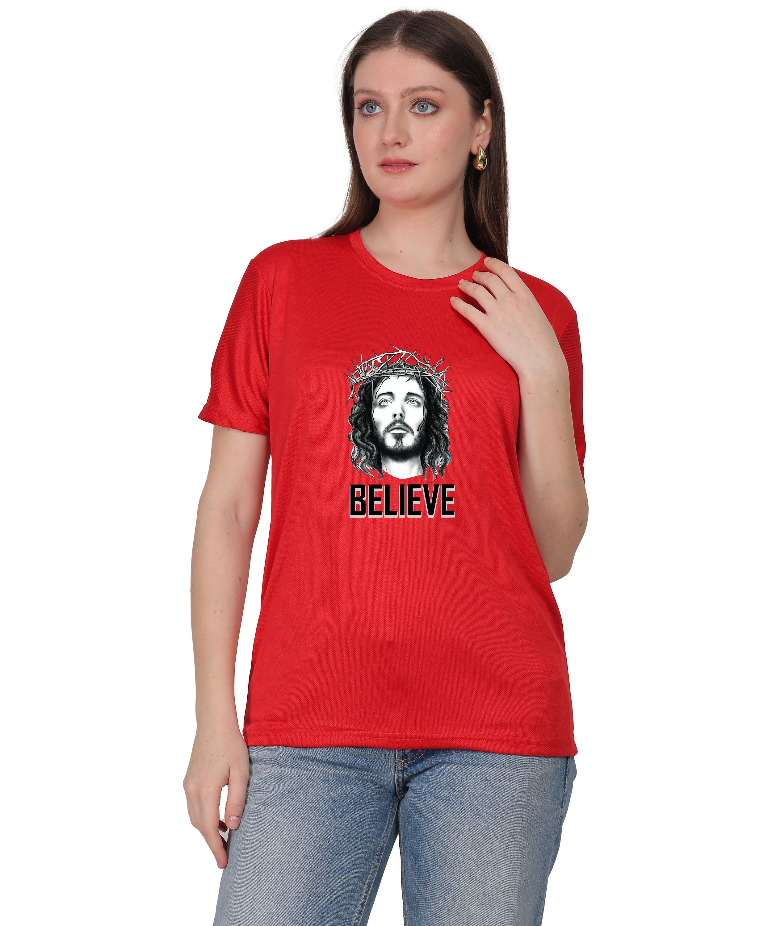 Religious Graphic T-Shirt, Red Cotton Blend, Short Sleeve, Believe Design