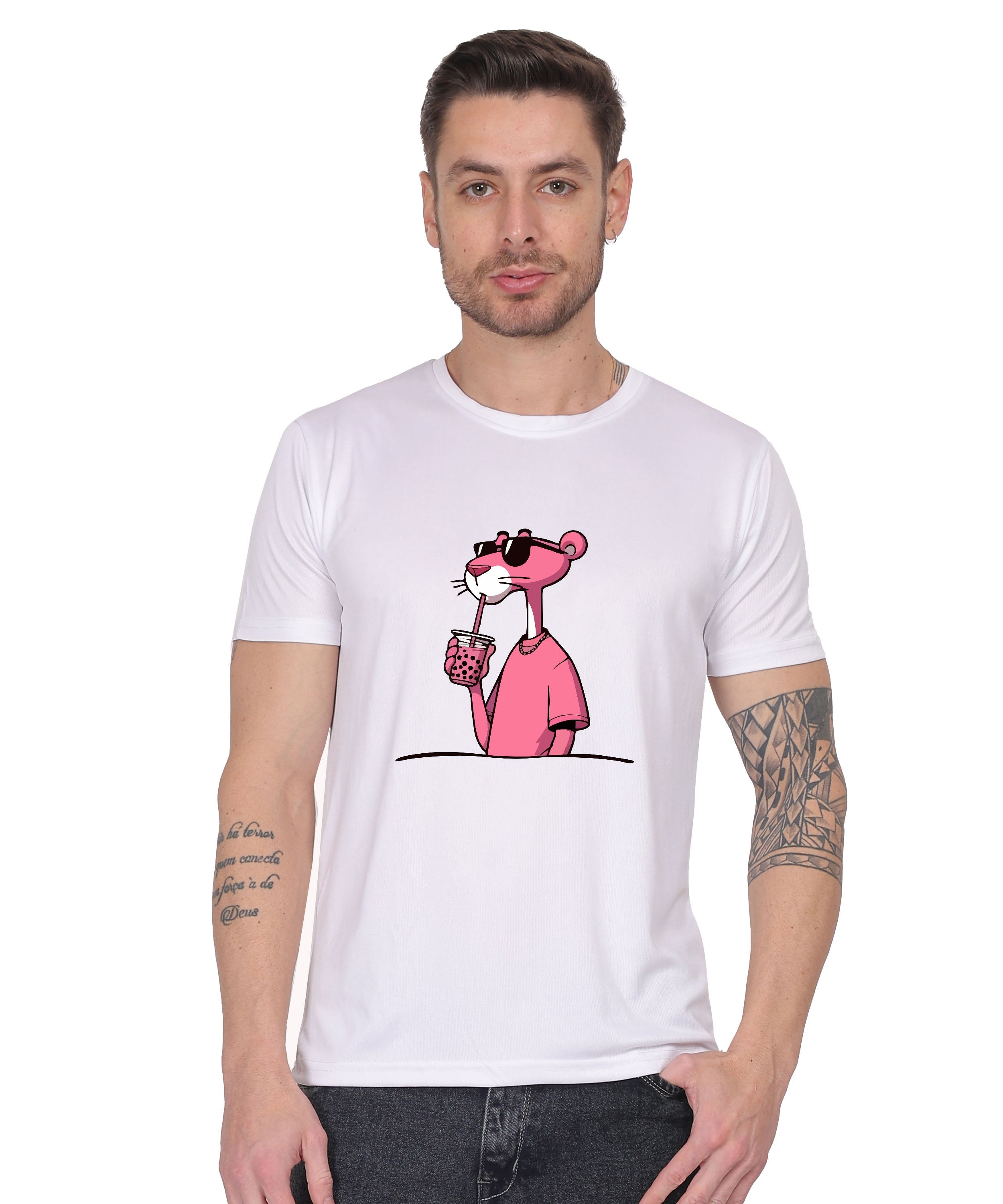 Cool Pink Panther Graphic T-Shirt, Black Cotton, Casual Round Neck