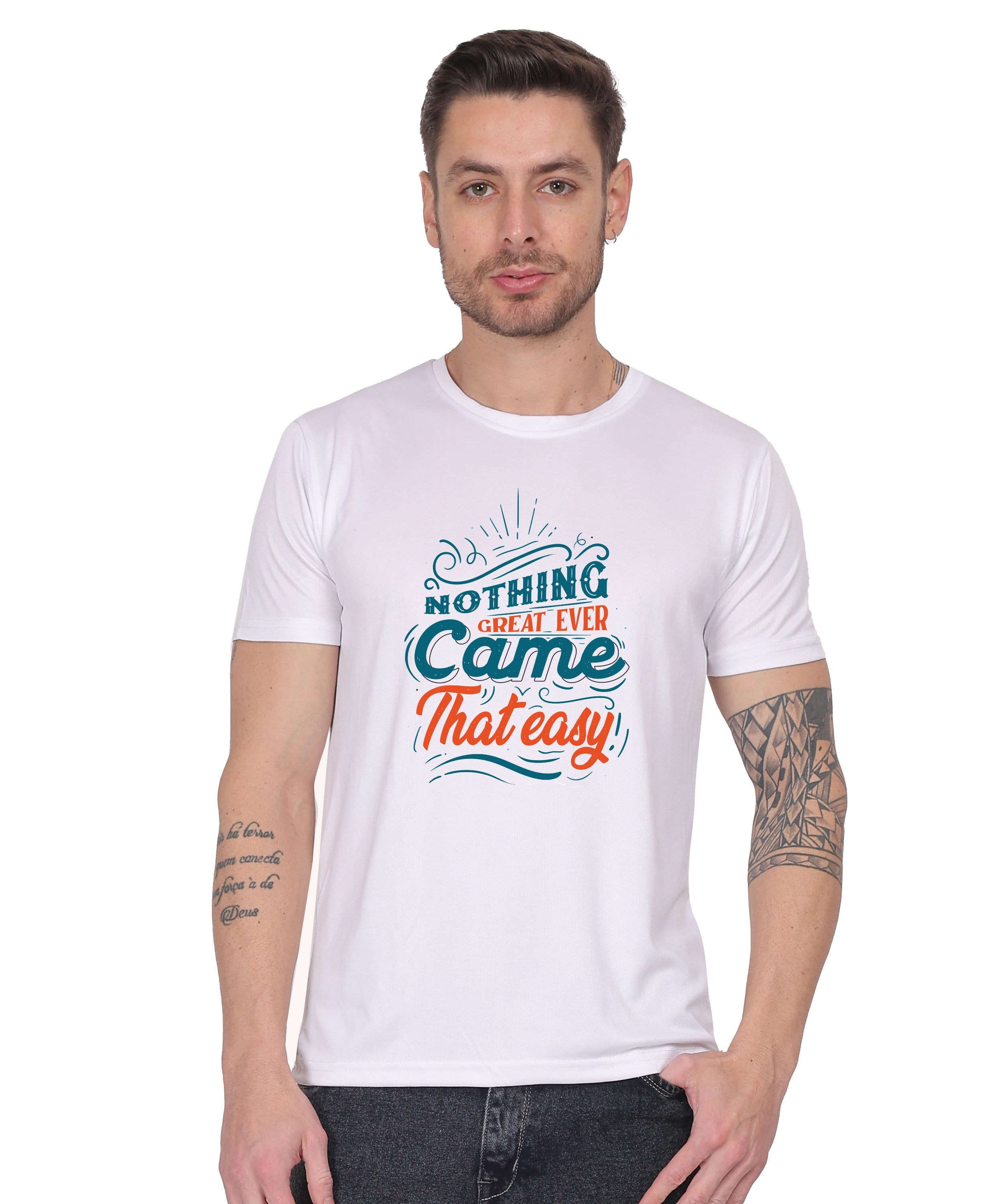 Generic Cotton Graphic T-Shirt, Black, Regular Fit, Short Sleeve, Crew Neck, 'Nothing Great Ever Came That Easy' Print