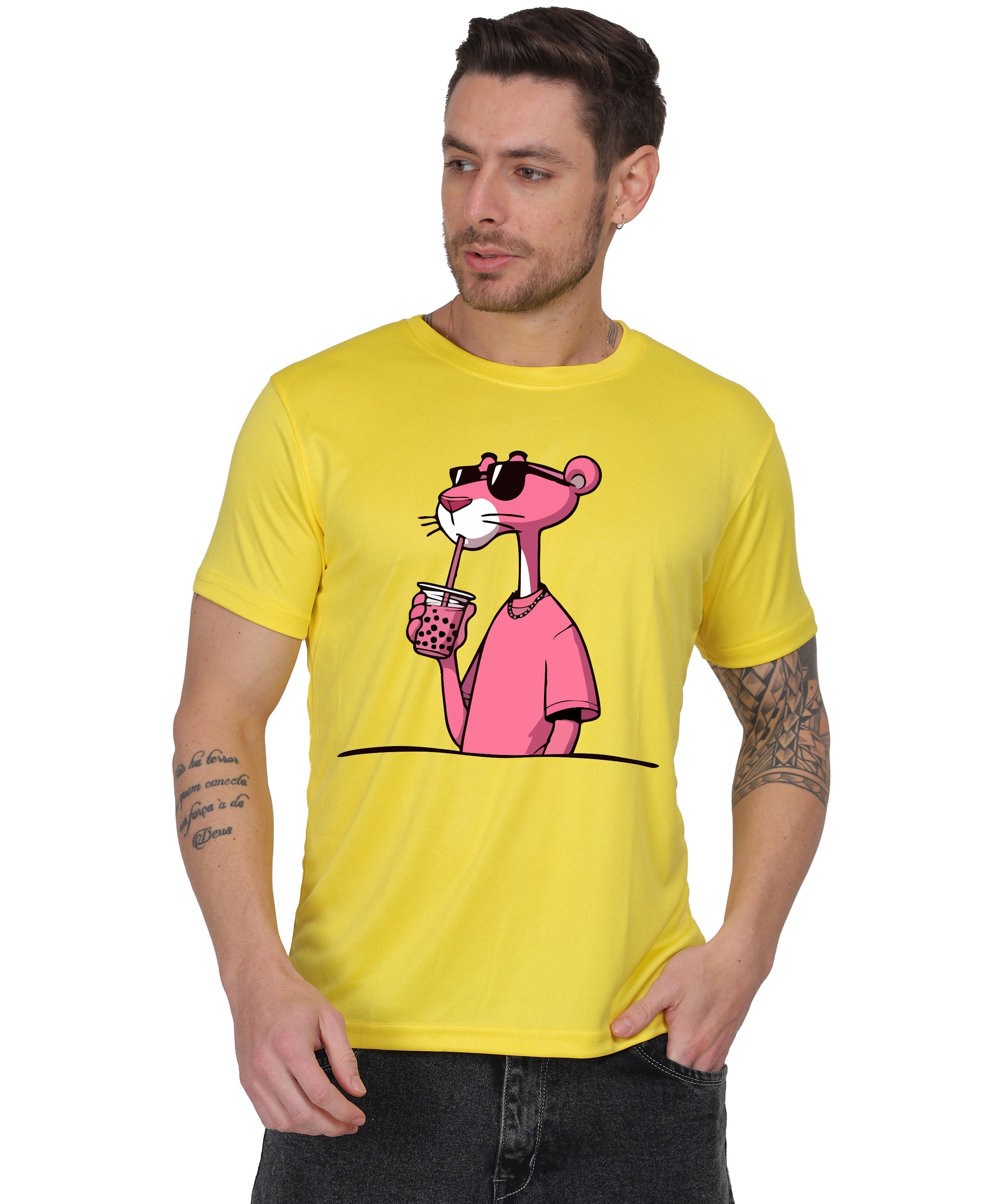 Cool Pink Panther Graphic T-Shirt, Black Cotton, Casual Round Neck