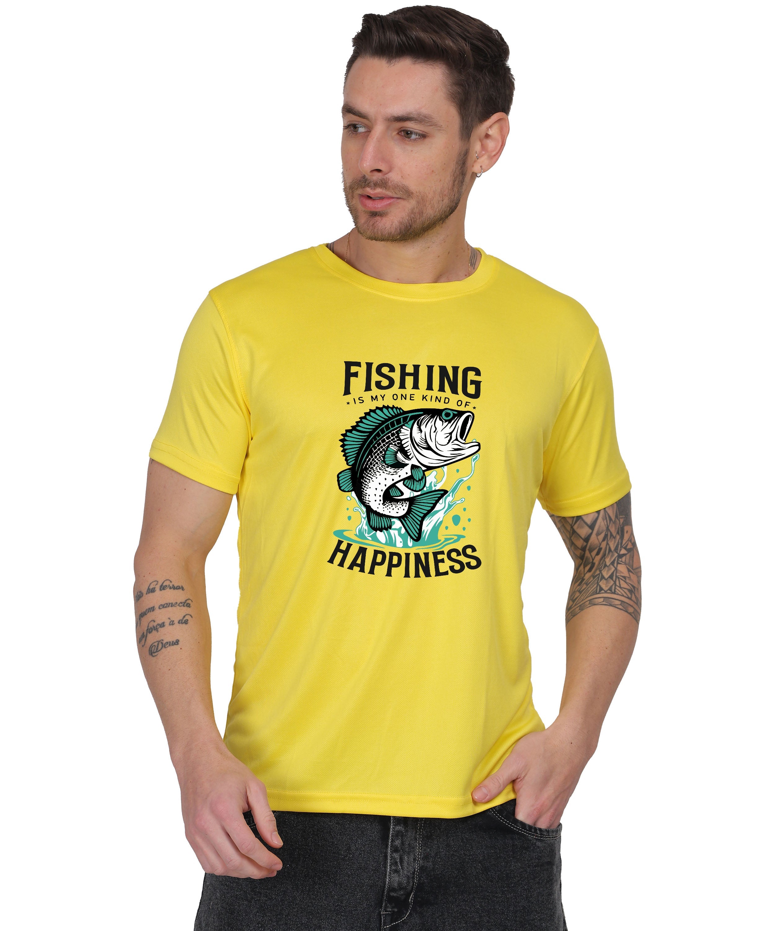 Generic Fishing Happiness Graphic T-Shirt, Black Cotton, Short Sleeve, Regular Fit, Crew Neck